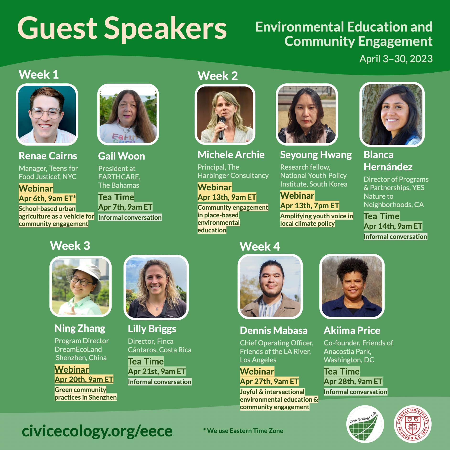 Green graphic with multiple photos of the guest speakers