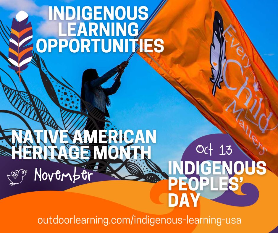 Native American imagery fills the background in purple and orange, with the words, "Native American Heritage Month, Novermber" and "Oct. 13: Indigenous Peoples' Day"