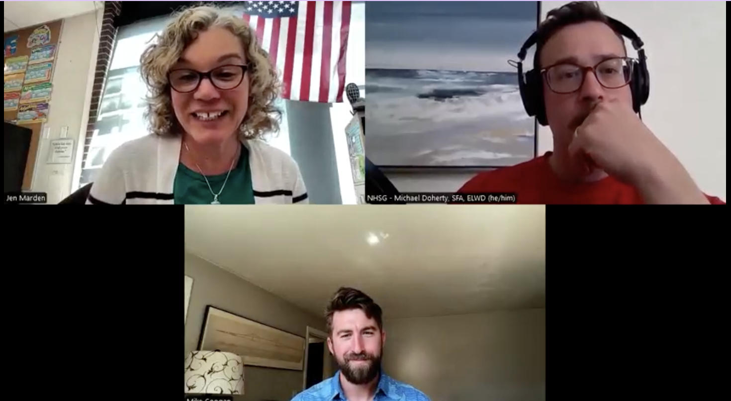 Zoom meeting with Jen Marden, Michael Doherty, and Mike Coogan