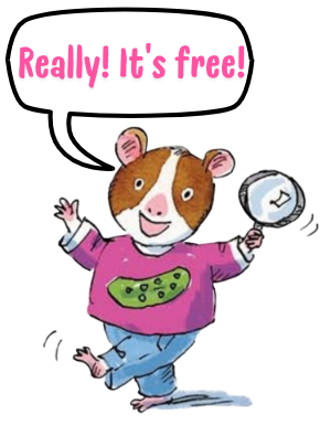 An illustrated hamster wearing a shirt with a pickle and holding a magnifying glass with a text bubble that reads "Really! It's free!"