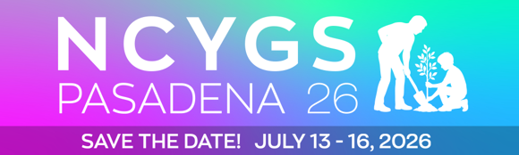 Pink to teal gradient rectangle with white text that reads "NCYGS Pasadena 26, Save the date! July 13-16, 2026" next to a white silhouette of an adult and child planting a tree