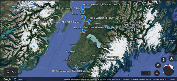 This partnership includes 21st CCLC sites at three schools, all under the umbrella of the Boys & Girls Clubs of the Kenai Peninsula. The Kenai Watershed Forum (based in Soldotna) and Center for Alaskan Coastal Studies (based in Homer) are the environmental education partners. The geographic scale of this partnership is noteworthy! Nikiski Middle/High School is approximately 50 miles from Tustumena Elementary School and about 100 miles from the Center for Alaskan Coastal Studies. Map created with Google Earth.