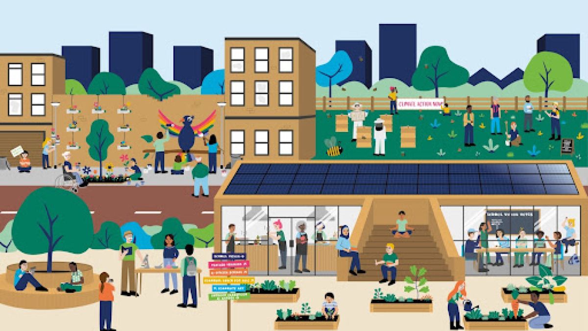 Illustration of a solar-powered school with a community garden in front and a park in the back
