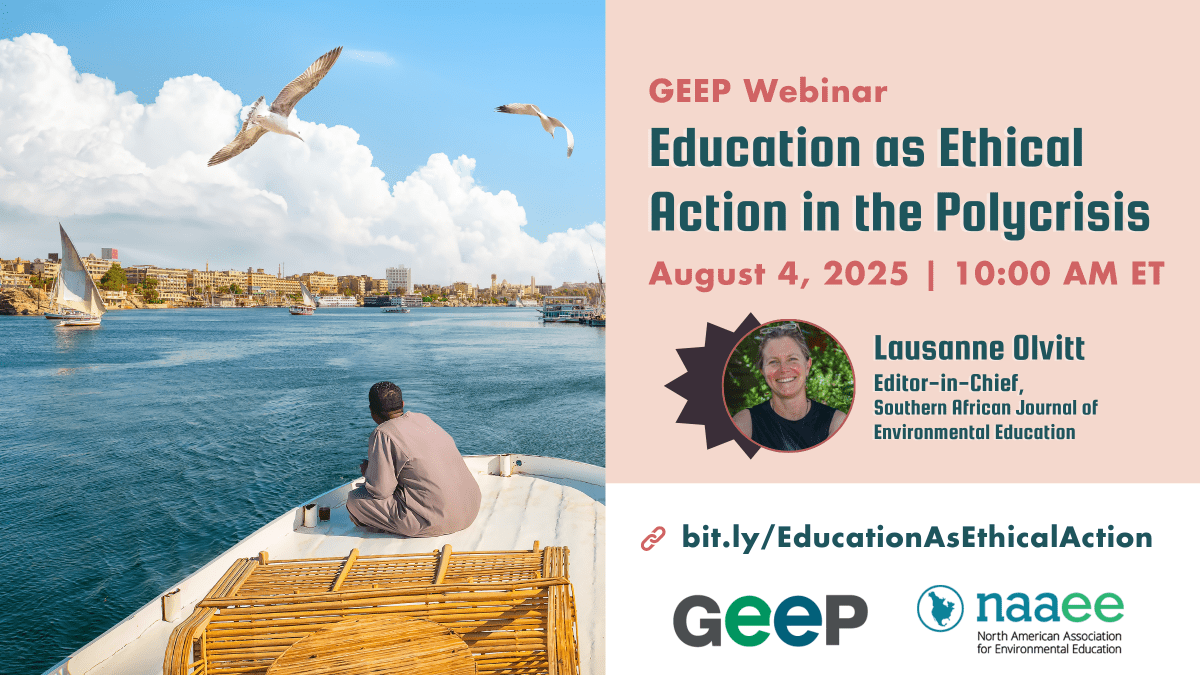 Man on a boat and text on the left: GEEP Webinar Education as Ethical Action webinar on August 4