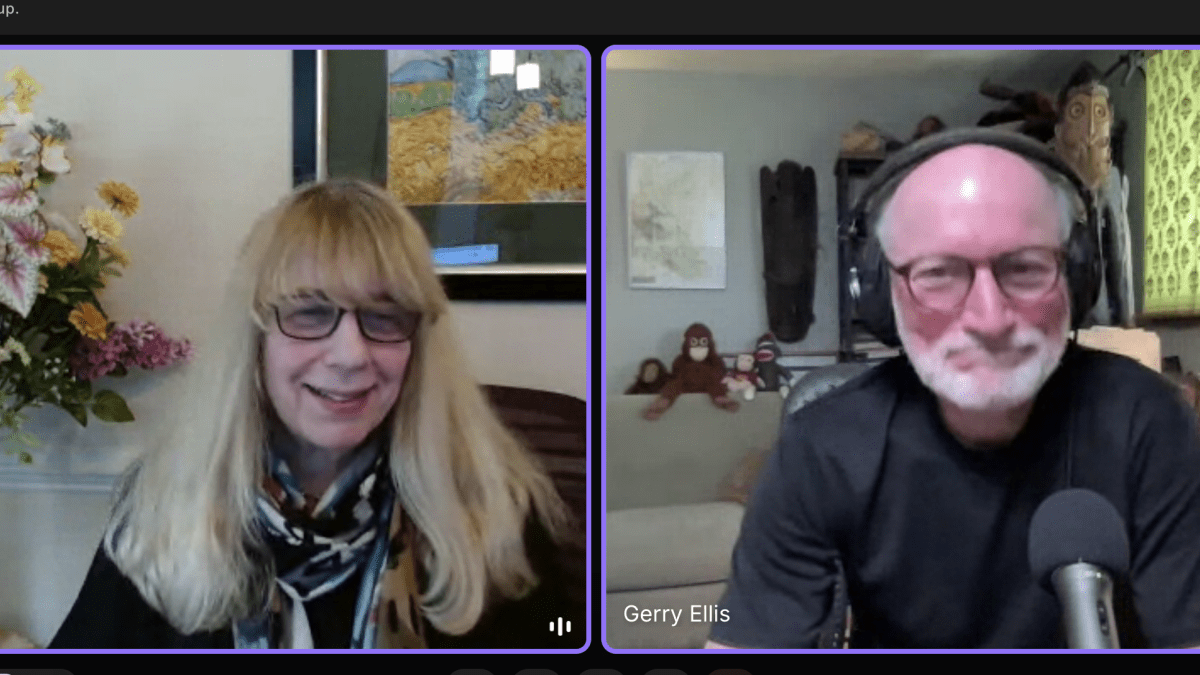 Judy Brause and Gerry Ellis in a video call recording The World We Want podcast