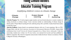 Online, 12-week, Educator Training course for Young Climate Authors to equip adults to mentor children's climate storytelling. Course starts Sept 7th 2024