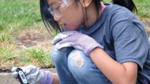 Young student testing water outdoors