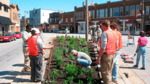 A group of people at a small community garden on an intersection island