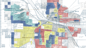 A color-coded map of a city and river