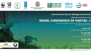 Model Conference of Parties poster with logos, info,  and illustration of animals on blue green background