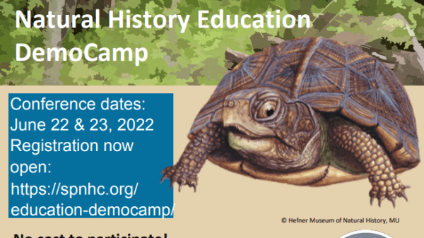 Top half of the flyer is an illustration of a forest. Below that is a photo of a tortoise. Logo at the bottom is a graphic of a logo built of circles. Outermost circle is traditional knowledge which encompasses all other fields. Ceramic pot, tree, crystal, arrowhead, trilobite, and skull graphics indicate natural history disciplines. Natural History is at the bottom of the Venn diagram. Text in the flyer is in the body of the post.