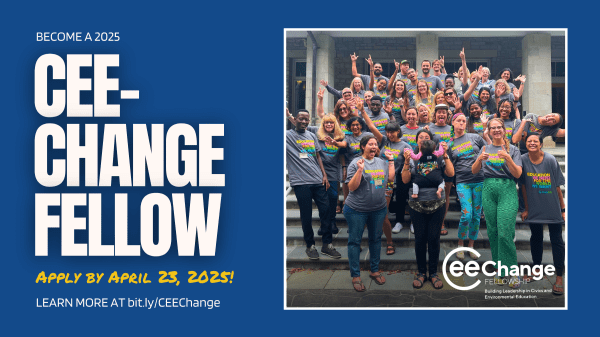 2025 CEE-Change Fellowship Blue rectangle with a picture of a group of people standing on some building steps to the right; text to the left reads "Become a 2025 CEE-Change Fellow, Learn more at bit.ly/CEEChange, apply by April 23, 2025!"