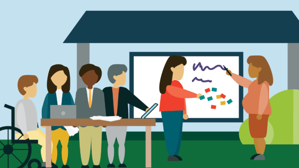 Flyer featuring a cartoon of people discussing and writing on a whiteboard; Text reads "Interactive Webinar, Dialogue & Deliberation, June 16, 2025 2:30-4:00 pm ET"