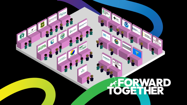 Black background with multiple colorful swirls, 3D booths in the center, and the words, "Forward Together" in the bottom left corner