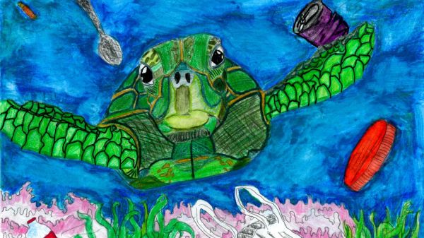 Artwork by Taelyn B. (Grade 6, Idaho),winner of the 2019 Annual NOAA Marine Debris Program Art Contest A painting of a sea turtle swimming over a coral reef cluttered with debris.