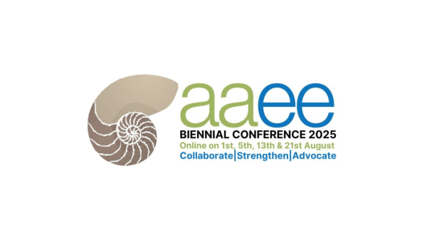 AAEE logo, graphic of an ammonite fossil on the left, text on the right reads "aaee, Biennial Conference 2025, Online on 1st, 5th, 13th & 21st August, Collaborate | Strengthen | Advocate"