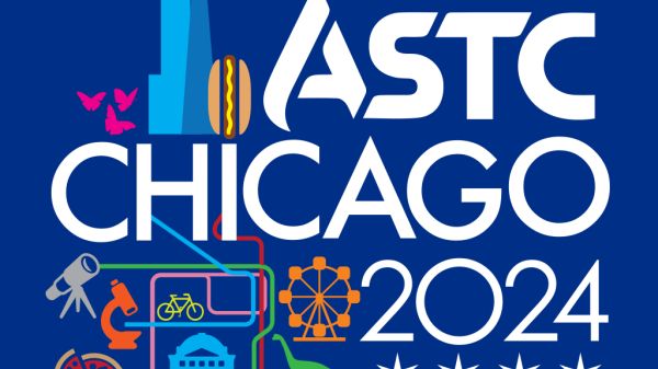 A dark blue background with Chicago- and science-related icons reads "ASTC Chicago 2024, Association of Science and Technology Centers"