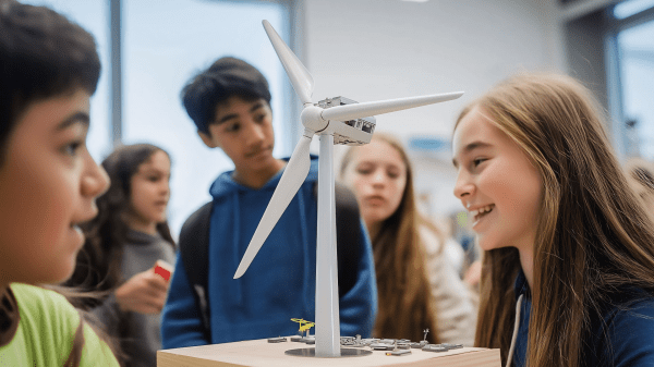 Students and Wind Energy Engineering (Adobe Stock) Students gather around a scaled model of a wind turbine (likely an AI-generated stock photo).