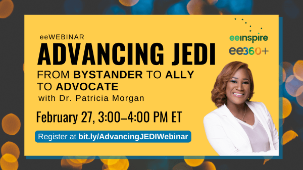 Patricia Morgan smiles wearing a white blazer and pink shirt. The words "Advancing JEDI: From Bystander to Ally to Advocate Feb. 27, 3:00–4:00 PM"