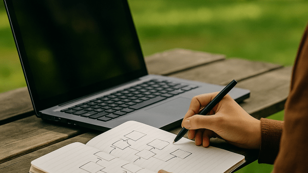 Open laptop and notebook on a wooden table