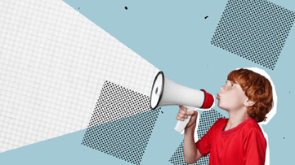 A child in a red shirt holds up a white megaphone; to the left of them, a white graphic spreads from the megaphone; behind them is a blue background with occasional black dotted squares