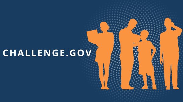 Dark blue background with white text that reads, "Challenge.Gov" and to the right of it is an orange illustration of silhouettes of people