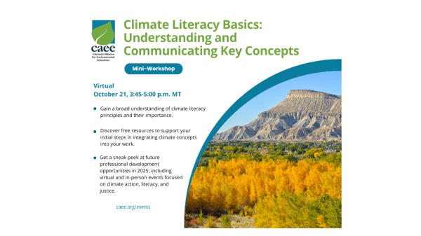 Promotional Flier Image for "Climate Literacy Basics, Virtual, October 21, 3:45-5pm MT"