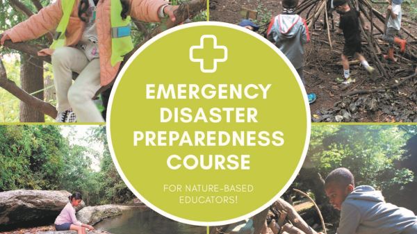 Photos of children playing outside with text in a circle reading "Emergency Disaster Preparedness Course"