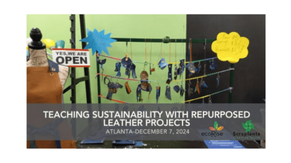 Student Leathercrafts Hanging Student-created leathercrafts hang on display; text reads "Teaching Sustainability with Repurposed Leather Projects, Atlanta December 7, 2024"