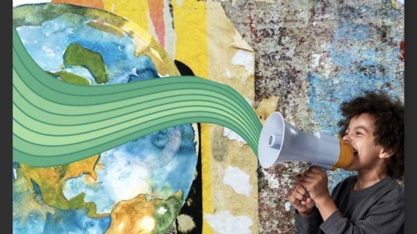 An Educator's Guide to Climate Emotions a young person using a bullhorn to call out to planet earth