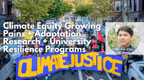 Background photo of a group of people marching while the front of the march holds a banner that says, "Climate Justice"