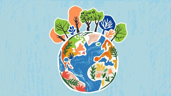 Graphic with a blue background and an illustration of a colorful world with trees growing at the top