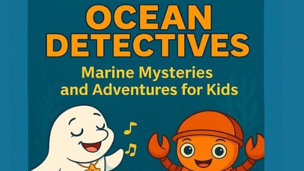 A book cover featuring a cartoon depiction of a beluga whale, crab, and snail in the ocean; text reads "Ocean Detectives: Marine Mysteries and Adventures for Kids"