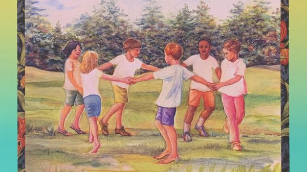 An image of a ring of moving children. This serves as the cover for Circling the Sun, Racing the Wind, an activity book by Edith Pucci Couchman