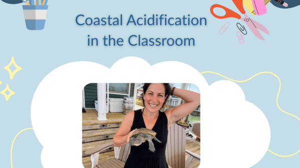 A woman holds a terrapin on a flyer advertising the Coastal Acidification in the Classroom webinar