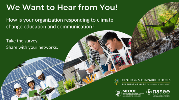 "We want to hear from you!" images of solar panel workers, students in STEM classroom, person outside, NAAEE and MECCE logos on dark green background