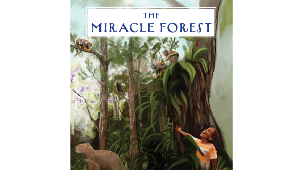 The Miracle Forest / El Bosque Milagroso Illustration of a lush rainforest with vibrant greenery, monkeys perched on branches, a capybara and its baby in the foreground, and a smiling child touching a large tree trunk. The scene conveys a sense of harmony between nature and humans, surrounded by dense foliage and wildlife.