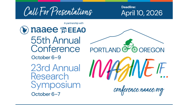 Blue text reads, "Call for Presentations. Deadline April 10, 2026. NAAEE 56th Annual Conference and 23rd Annual Research Symposium"