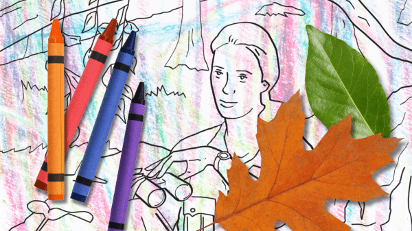 Naturally Curious Jane Journal A coloring page featuring Jane Goodall with crayon scribbles under it; above this four crayons are on the left: orange, red, blue, and purple; on the right is a green smooth leaf and an orange leaf with multiple pointed tips