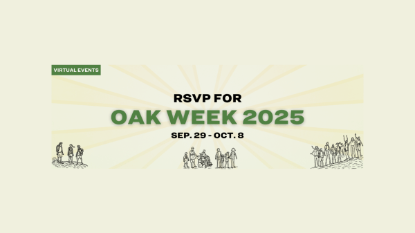 Text reads, "Virtual Events RSVP for OAK Week 2025 Sep. 29 - Oct. 8" Illustrated groups of people are clustered at the bottom of the image waking together and holding hands.