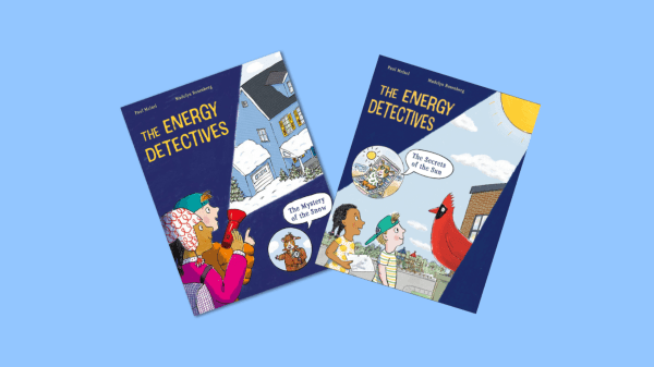 Book covers of "The Mystery of the Snow" & "The Secrets of the Sun," Two illustrated children holding a flashlight toward a house and two illustrated children looking at a cardinal