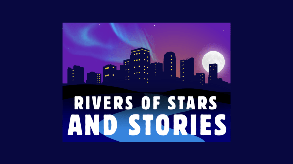 Logo for Rivers of Stars and Stories with the Moon and Northern Lights in the skies above a cityscape with a river flowing by.