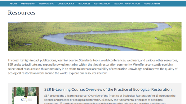 Screenshot of the Society For Ecological Restoration's resources website