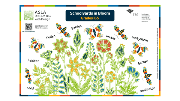 Colorful flowers and plants surrounded by butterflies and bees. Title is "Schoolyards in Bloom Grades K–5"