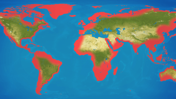 A world map with red edges on the continents, depicting a potential rise in sea level
