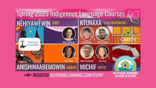 Indigenous Language Learning Courses Banner with text that reads "Spring 2025 Indigenous Language Courses" with instructors pictured below