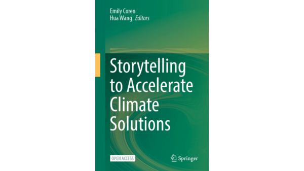 Green bookcover to "Storytelling to Accelerate Climate Solutions."