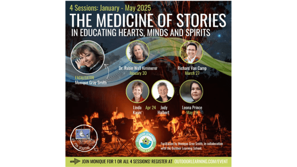 The Medicine of Stories (4 x 60 min Storytelling Sessions) Text at top reads "4 Sessions: January - May 2025; The Medicine of Stories in Educating Hearts, Minds and Spirits"; below this are photos and names of presenters