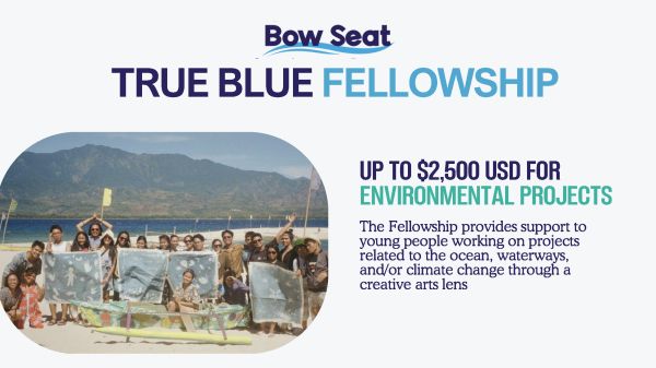 True Blue Fellowship Poster Poster for Bow Seat's True Blue Fellowship, features images of fellows on a beach, in a classroom, and outdoors with others