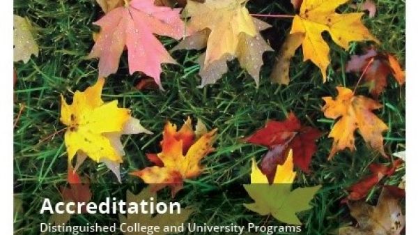 "Accreditation, distinguished college and university programs", white NAAEE logo on dark green and yellow, orange, and red-hued leaves background